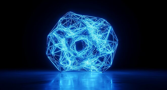 Abstract Blue Glowing Energy Sphere on Dark Background.