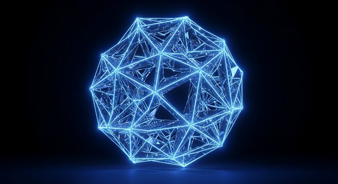 Abstract Blue Glowing Icosahedron Structure on Dark Background.
