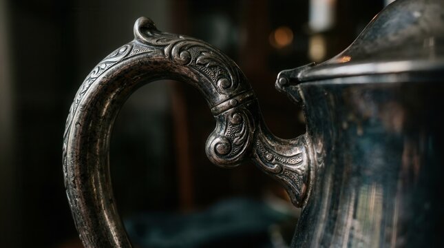 Close-up of an ornate antique silver teapot handle.