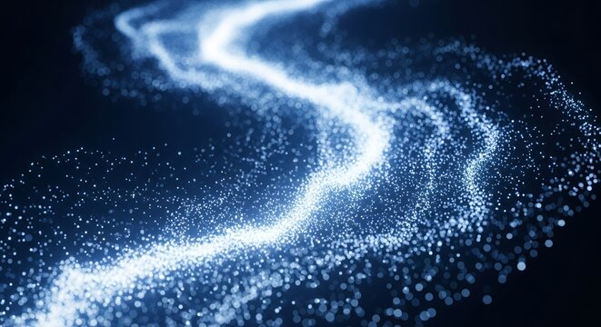 Abstract blue glowing particles flowing in a wavy path, creating a dynamic and energetic light trail on a dark background.