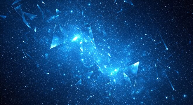 Abstract Blue Glowing Triangles and Particles in Dark Space.