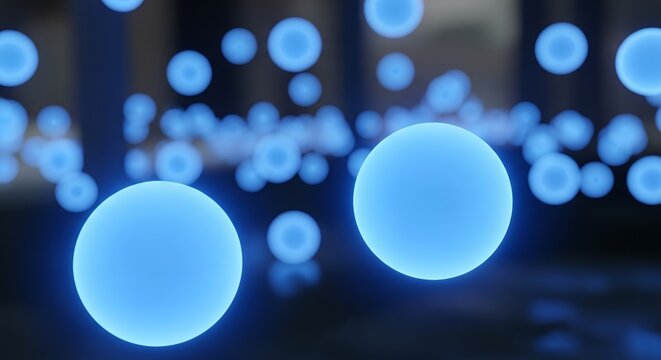 Abstract blue glowing spheres floating in a dark, futuristic environment, representing data, energy, or microscopic elements.