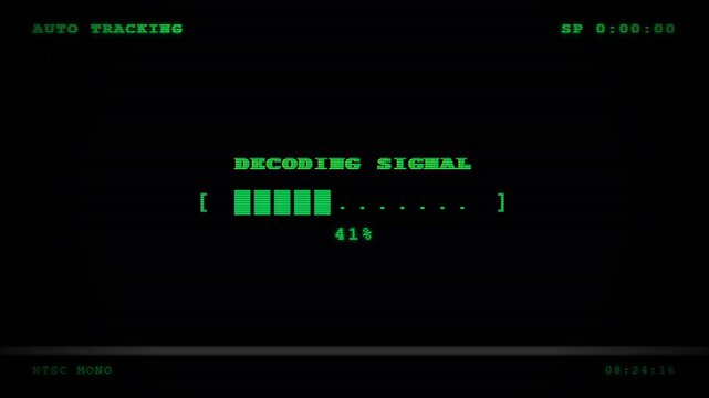 Retro vhs monitor showing green text decoding signal with progress bar