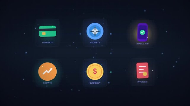 Business finance icons representing payments security mobile app growth currency and invoicing
