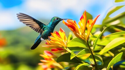 Fototapeta premium hummingbird. A hummingbird feeding from a flower, wings creating air vortices in slow motion. wildlife magazines, conservation campaigns, designed for wildlife conservation campaigns.