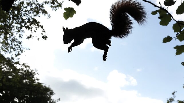 midair. A sequence of silhouetted frames showing a squirrel leaping against a bright sky. wildlife magazines, conservation campaigns, designed for nature documentaries and education.