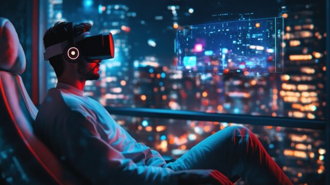 Man wearing vr headset looking out a window at night