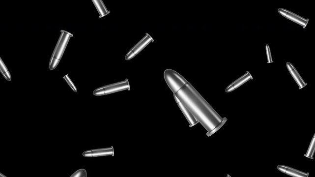 Silver gun Bullets Falling on a Alpha Background Animation. Handgun ammo flying. Pistol Bullet Rain. Realistic style bullets fall from above. 4K Seamless loop.