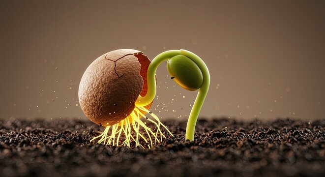 Macro View of a Small Green Sprout Emerging from a Cracked Seed Shell with Glowing Roots on Dark Soil