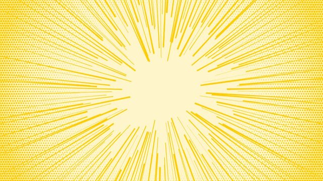 Seamless loop of comic book style radial speed lines with halftone dot patterns on a light yellow background.
