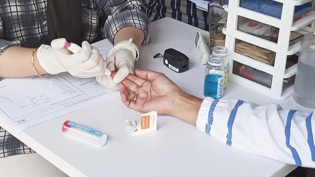 Capillary blood sampling via a finger prick (finger-stick test) is a form of Point-of-Care Testing typically used to check levels of blood glucose, cholesterol, uric acid, or hemoglobin (Hb).