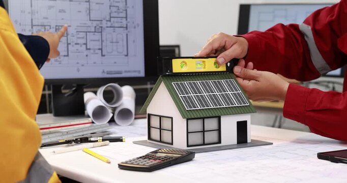 Engineers testing a solar panel model house with a smartphone, architectural plans, calculator and building tools on a desk.