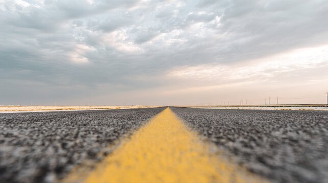 commute. A minimalist panoramic view of an empty asphalt road stretching into the distance under a cloudy sky. mobility guides, transit brochures, designed for transport & logistics marketing.