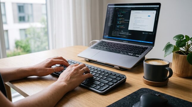 Programmer hands typing on keyboard with laptop displaying code, software development, coding session, web design, programming language, computer science, IT professional, tech