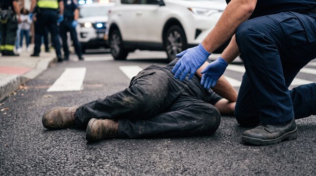 Paramedic providing first aid to injured person lying on street asphalt, emergency medical response team, ambulance in background, accident scene rescue operation, professional