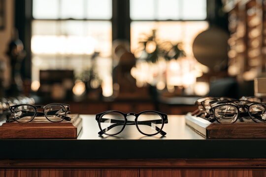 Close view of rows of eyeglass frames in an independent optical shop in clear daylight