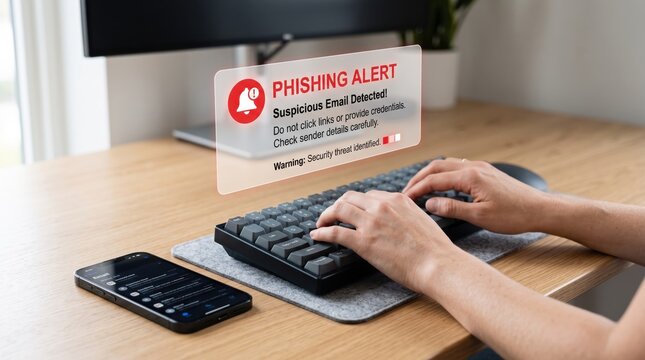 Holographic phishing alert warning floating above keyboard, suspicious email detection notification, cybersecurity threat protection, internet safety awareness, anti-fraud system