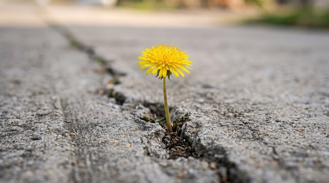 Yellow dandelion flower blooming through concrete pavement crack demonstrating nature's persistence, resilience, and ability to thrive in harsh urban environments despite physical