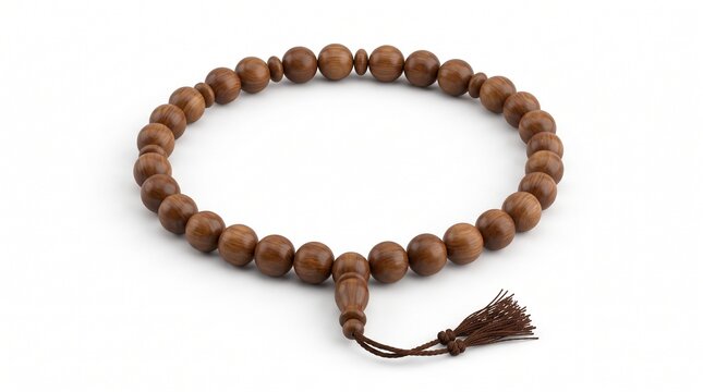 Brown wooden Islamic prayer beads misbaha with tassel, 3D render tasbih for Ramadan and Eid faith design isolated on white background