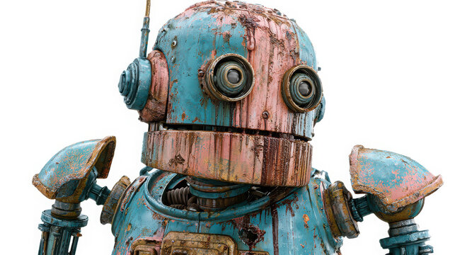 Corroded vintage robot head with weathered metal texture isolated on