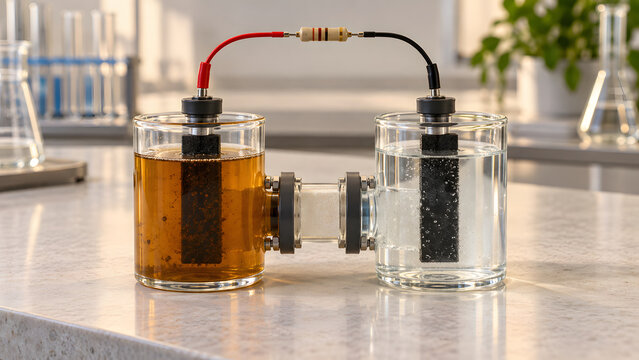 Laboratory setup demonstrating electrolysis with two beakers, one containing brown liquid and other clear water, connected by tube