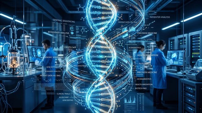 Scientists in a high-tech laboratory conducting genetic research with a glowing holographic DNA helix and data visualizations.