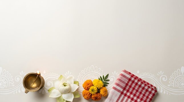 Traditional durga puja festival background with diya lamp, lotus, marigold flowers and red checkered cloth