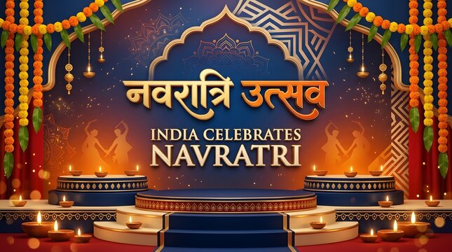 Navratri utsav celebration background with traditional lamps, marigold flowers, and festive stage decor for indian festival