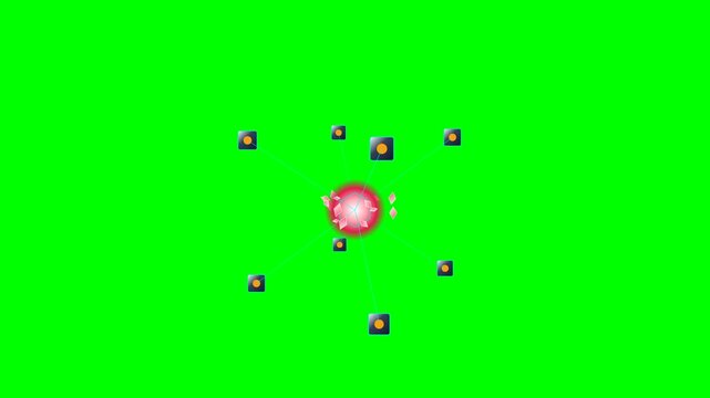 Futuristic 3D magnetic levitation quantum loot cube featuring eight decoupling armored corner shields, floating ruby crystal shards, electric plasma arc discharge, and an illuminated tesseract core. I