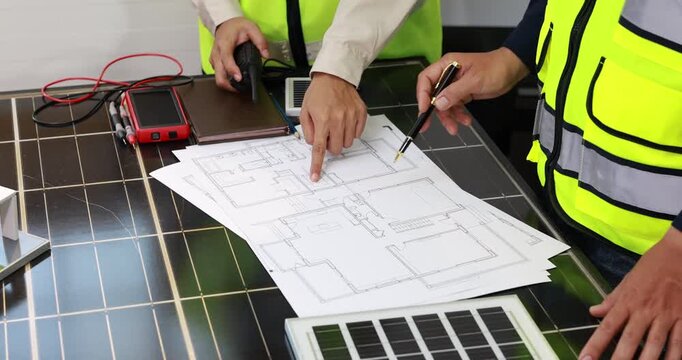 Engineers in safety vests review building plans and solar panels on a worktable during a renewable energy project meeting.