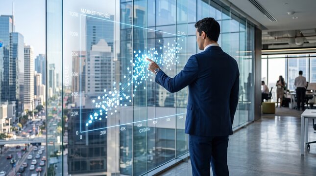 Business analyst analyzing market trends on futuristic holographic scatter plot chart in modern office, visualizing revenue data and financial growth for strategic business