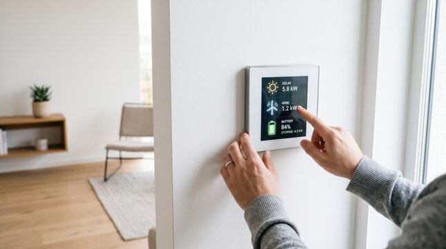 Person interacting with smart home energy monitoring device displaying solar and wind power generation statistics, promoting renewable energy conservation and sustainable living