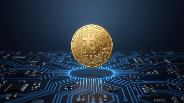 Golden Bitcoin cryptocurrency coin floating above glowing blue circuit board technology background symbolizing digital currency mining blockchain network and virtual finance