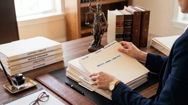 Attorney organizing legal case files and documents on wooden desk with Lady Justice statue and law books in traditional law office background representing justice and legal