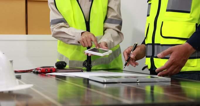 Two technicians in safety vests calculate and discuss a solar panel installation at a work table with tools, plans and equipment.