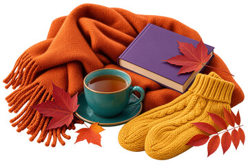 Fototapeta premium Cozy autumn arrangement with orange woolen scarf, teal tea cup, purple book, yellow mittens and red maple leaves, isolated on transparent background. Warm seasonal comfort