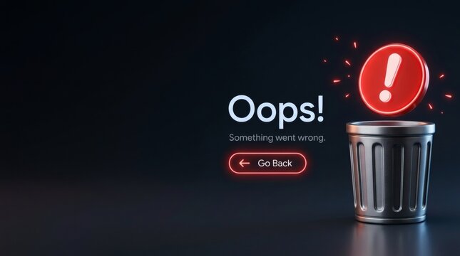 3D Render of a Technical Error Page Concept Featuring a Metal Trash Can with a Glowing Red Warning Exclamation Mark and Oops Something Went Wrong Message for Website or App Interface