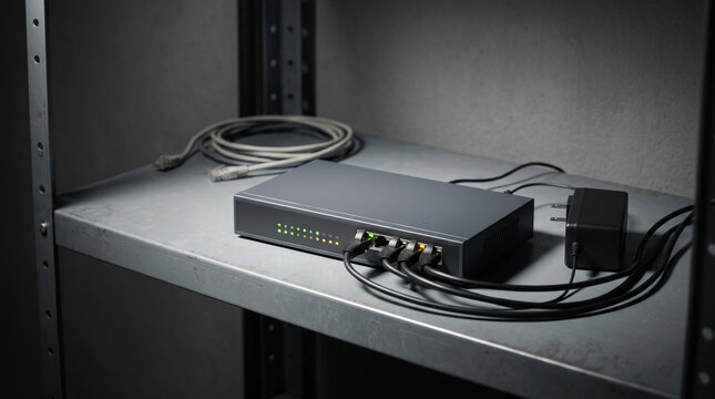 Network router with connected cables on shelf