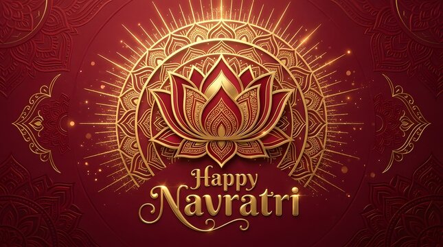 Happy navratri celebration background with golden lotus flower, mandala pattern, and glowing light effects
