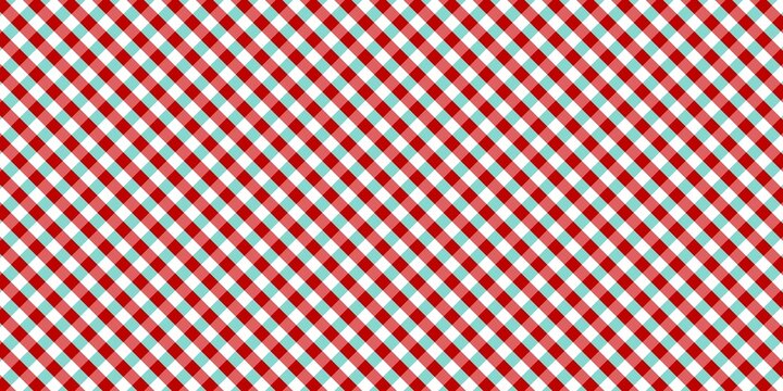 Diagonal red and green gingham check pattern. Classic tartan plaid design for Christmas, picnic, or festive background. Argyle gingham plaid pattern.