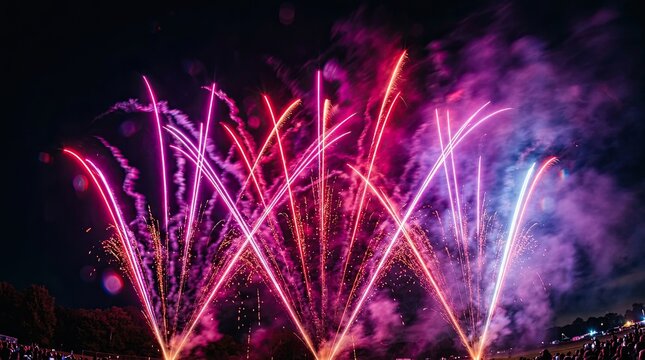 Colorful fireworks exploding brightly in dark night sky during outdoor celebration with vibrant colors smoke firework explosion lighting effects fireworks lights firework trails festive lights