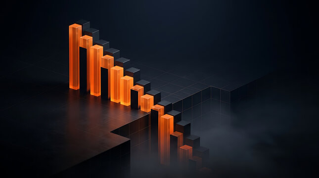 3d glowing orange bar chart ascending on dark platform with depth effect