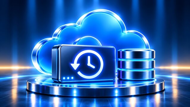 Cloud computing data backup and recovery system with database servers and time restore icon in glowing blue environment