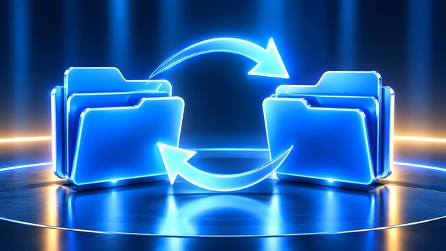 Digital folder synchronization and data backup process with glowing blue cycling arrows representing seamless file transfer