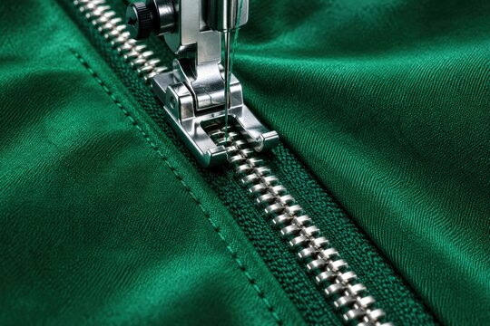 Close Up of Sewing Machine Zipper Foot Attaching Metal Zipper to Vivid Emerald Green Fabric in Professional Garment Making Process