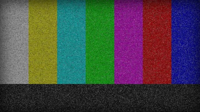 Vintage television test pattern with static noise and color bars