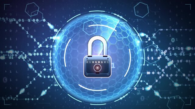 Digital padlock unlocking with futuristic blue network and binary code