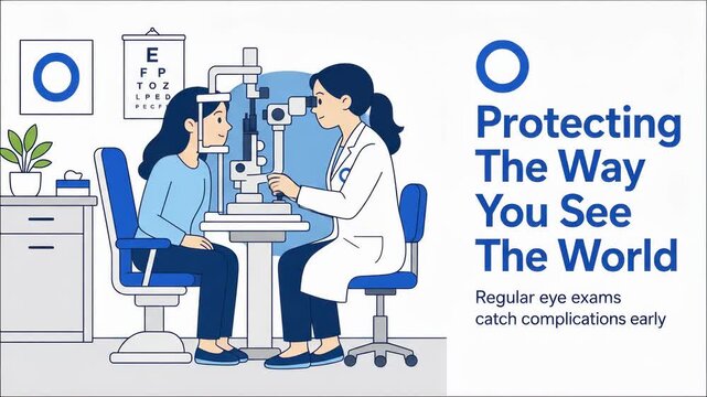 Animation of optometrist examining patient eye in clinic