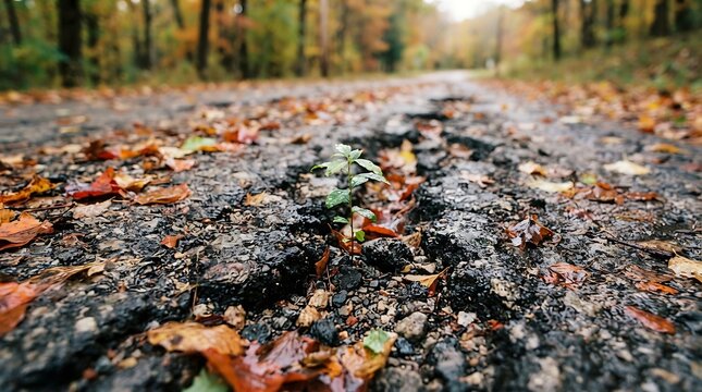 Tiny green sprout growing through cracked asphalt on a wet autumn road covered in fallen leaves showcasing resilience and natural persistence amidst urban destruction and decay during daylight