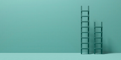 Two teal ladders against a pastel teal wall for minimal concept background and creative business visualization with vertical composition © VERSUSstudio